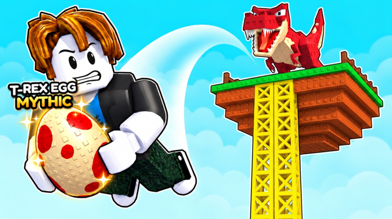 A Roblox character climbs a tall yellow scaffold tower while a red blocky T-Rex guards a Mythic Egg in a nest on a floating island.